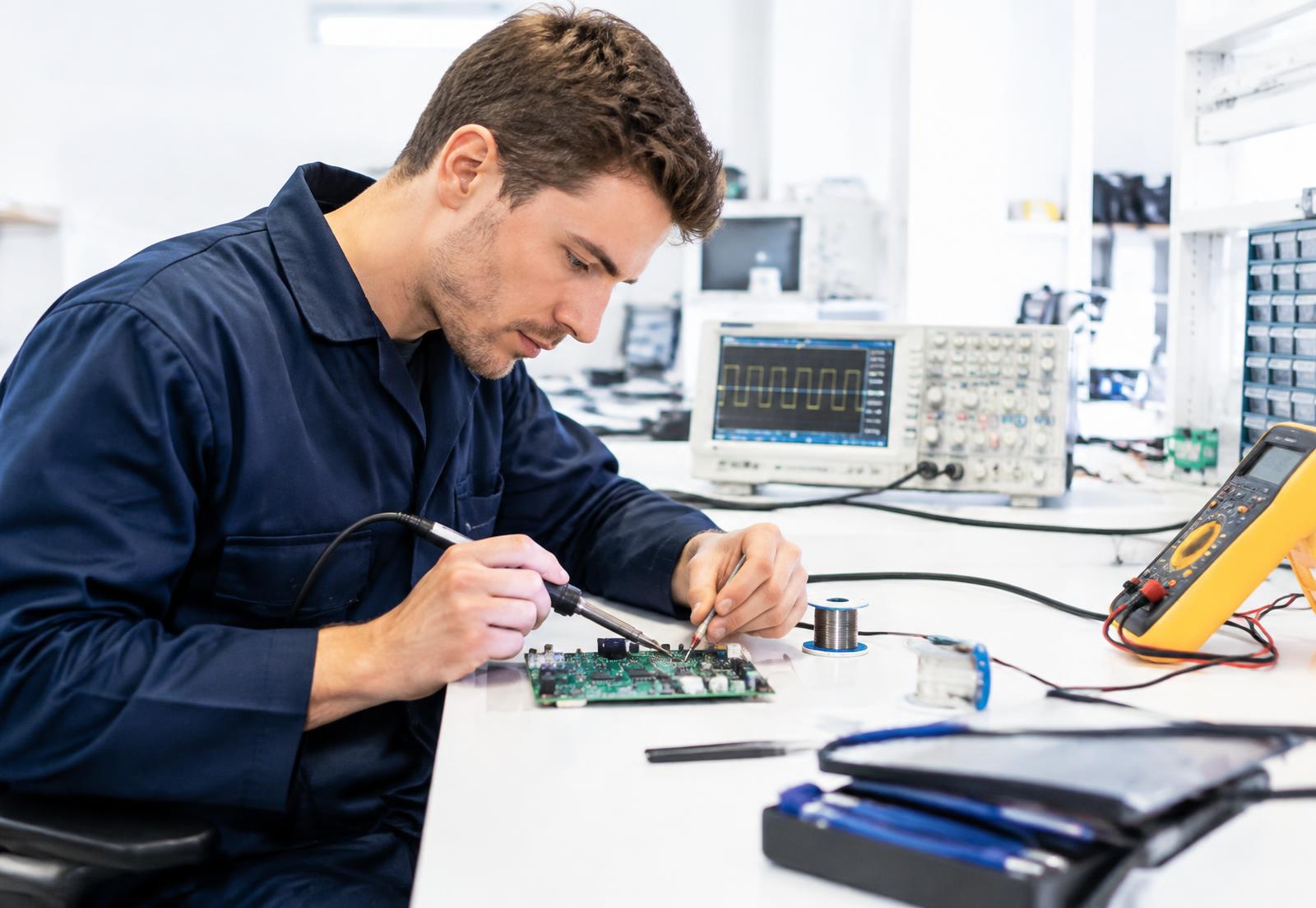 PCB repair technician working on a control board